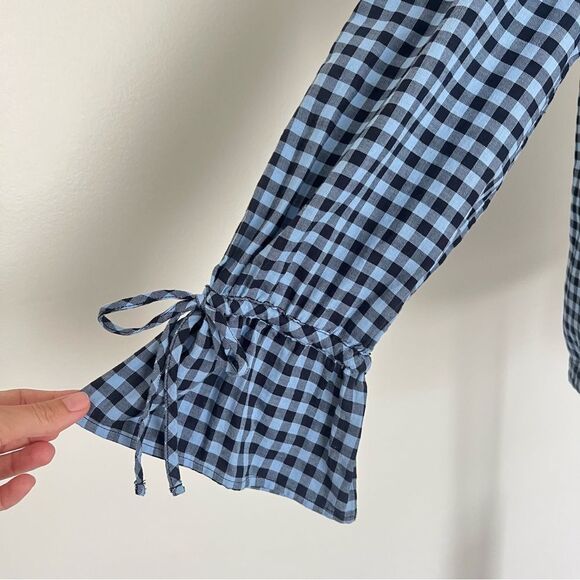 TALBOTS Blue Gingham Check Pullover Blouse Top Lon Sleeve Size Medium - Picture 3 of 6